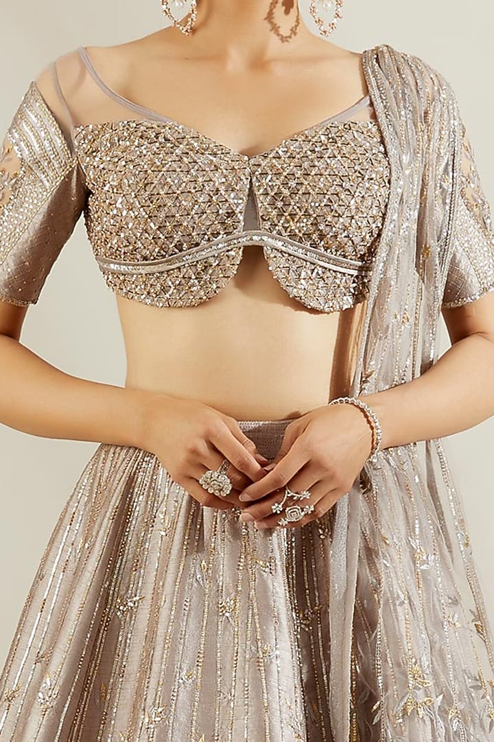 Grey Floral Hand Embroidered Bridal Lehenga Set by Adaara Couture at Pernia's Pop Up Shop