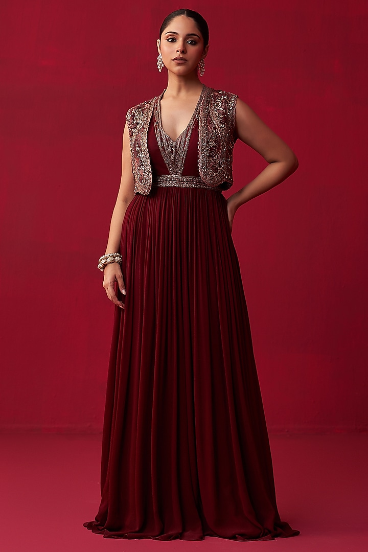 Maroon Georgette Embroidered Jumpsuit With Jacket by Adaara Couture