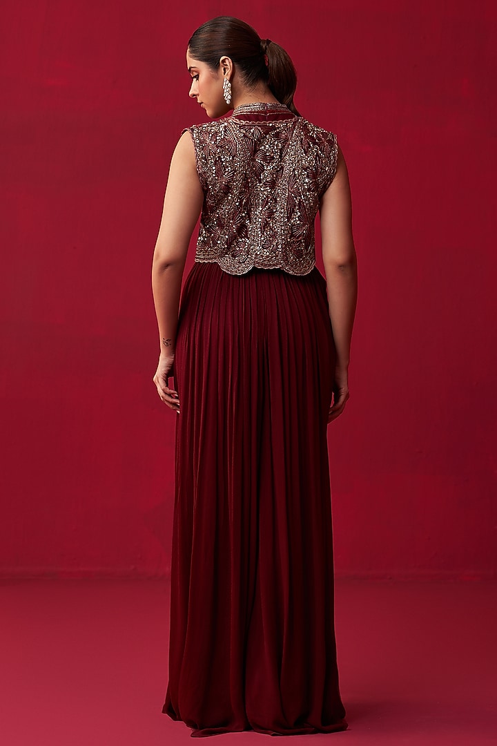 Maroon Georgette Embroidered Jumpsuit With Jacket by Adaara Couture at Pernia's Pop Up Shop