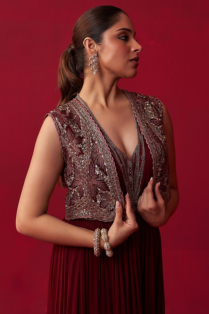 Maroon Georgette Embroidered Jumpsuit With Jacket by Adaara Couture at Pernia's Pop Up Shop