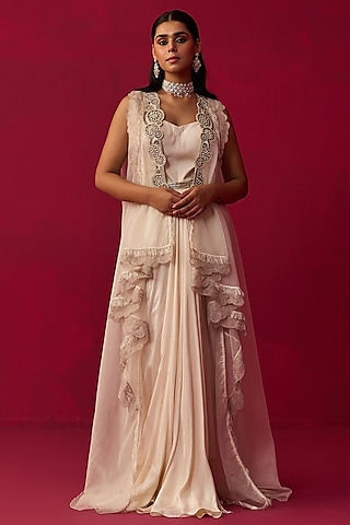Ivory Organza & Russian Silk Embroidered Jacket Dress by Adaara Couture