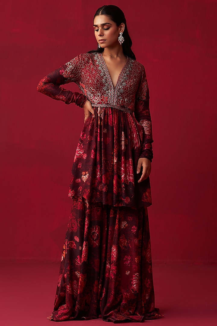 Pink Russian Silk Floral Printed Sharara Set by Adaara Couture