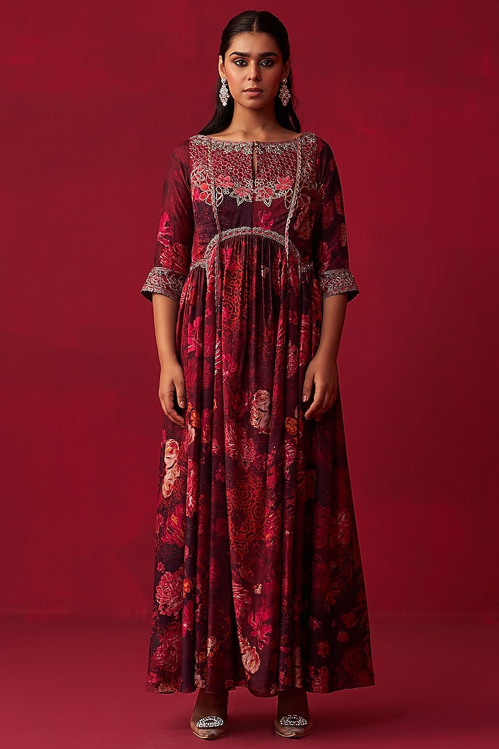Pink Russian Silk Floral Printed Long Kurta Set by Adaara Couture