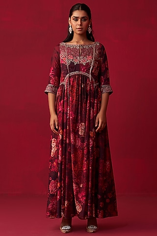 Pink Russian Silk Floral Printed Long Kurta Set by Adaara Couture