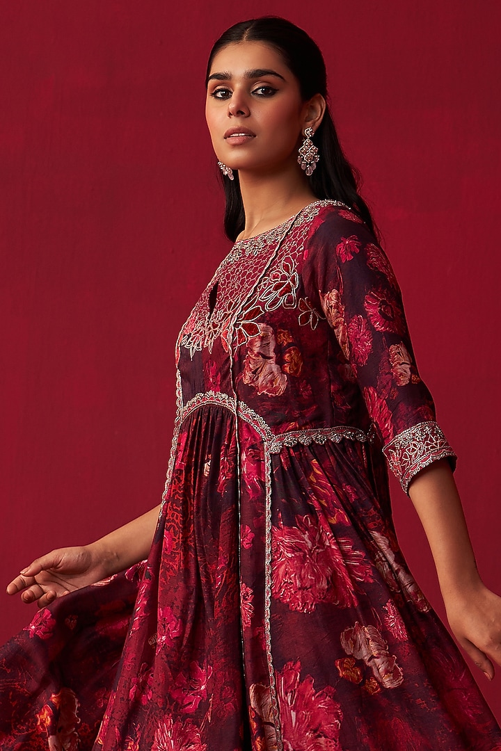 Pink Russian Silk Floral Printed Long Kurta Set by Adaara Couture at Pernia's Pop Up Shop