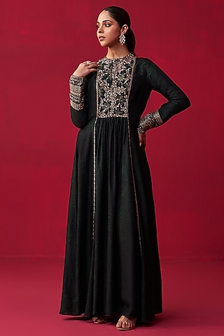 Green Russian Silk Texture Printed Kurta Set by Adaara Couture