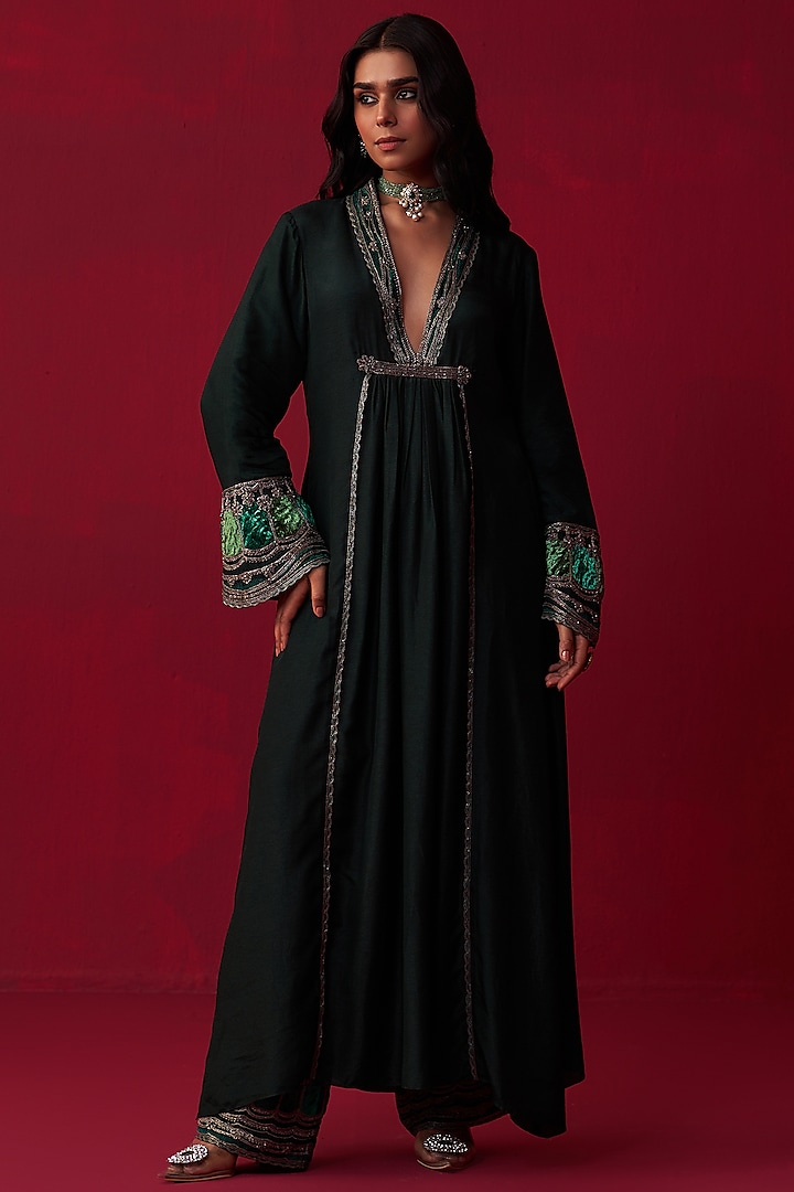 Green Russian Silk Embroidered Kurta Set by Adaara Couture