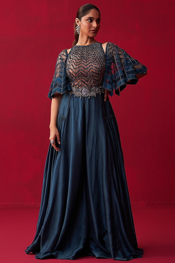 Blue Russian Silk Embroidered Jumpsuit by Adaara Couture