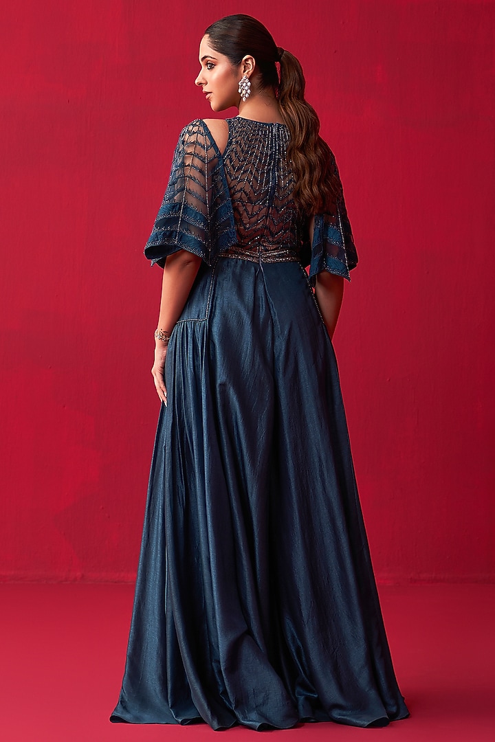 Blue Russian Silk Embroidered Jumpsuit by Adaara Couture at Pernia's Pop Up Shop