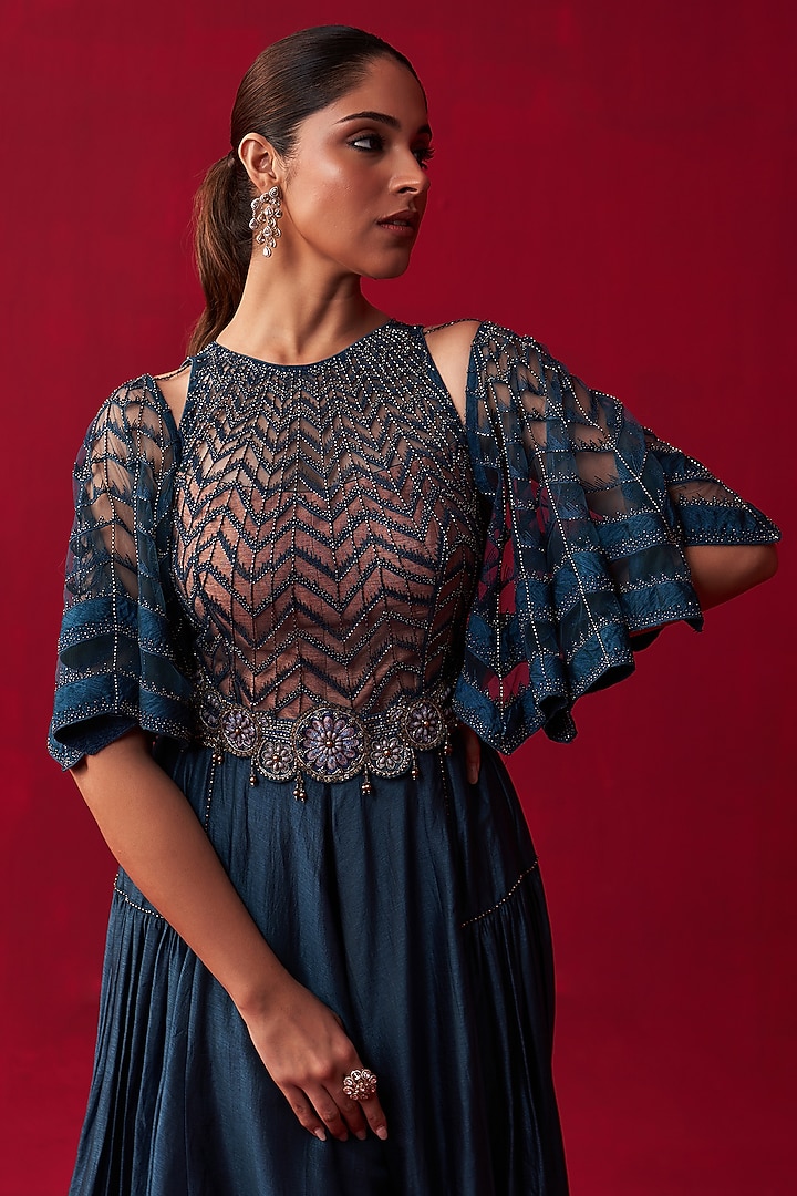 Blue Russian Silk Embroidered Jumpsuit by Adaara Couture at Pernia's Pop Up Shop