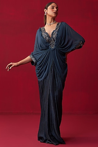 Blue Russian Silk Texture Printed Skirt Set by Adaara Couture