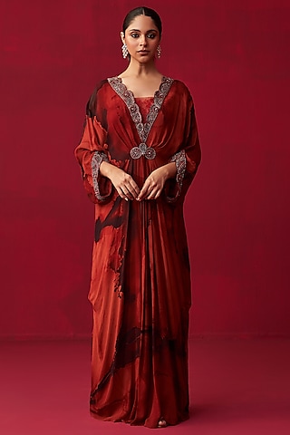 Red Georgette Marble Printed Kaftan by Adaara Couture