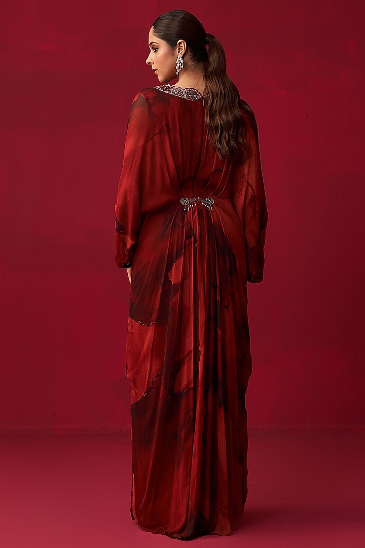 Red Georgette Marble Printed Kaftan by Adaara Couture at Pernia's Pop Up Shop