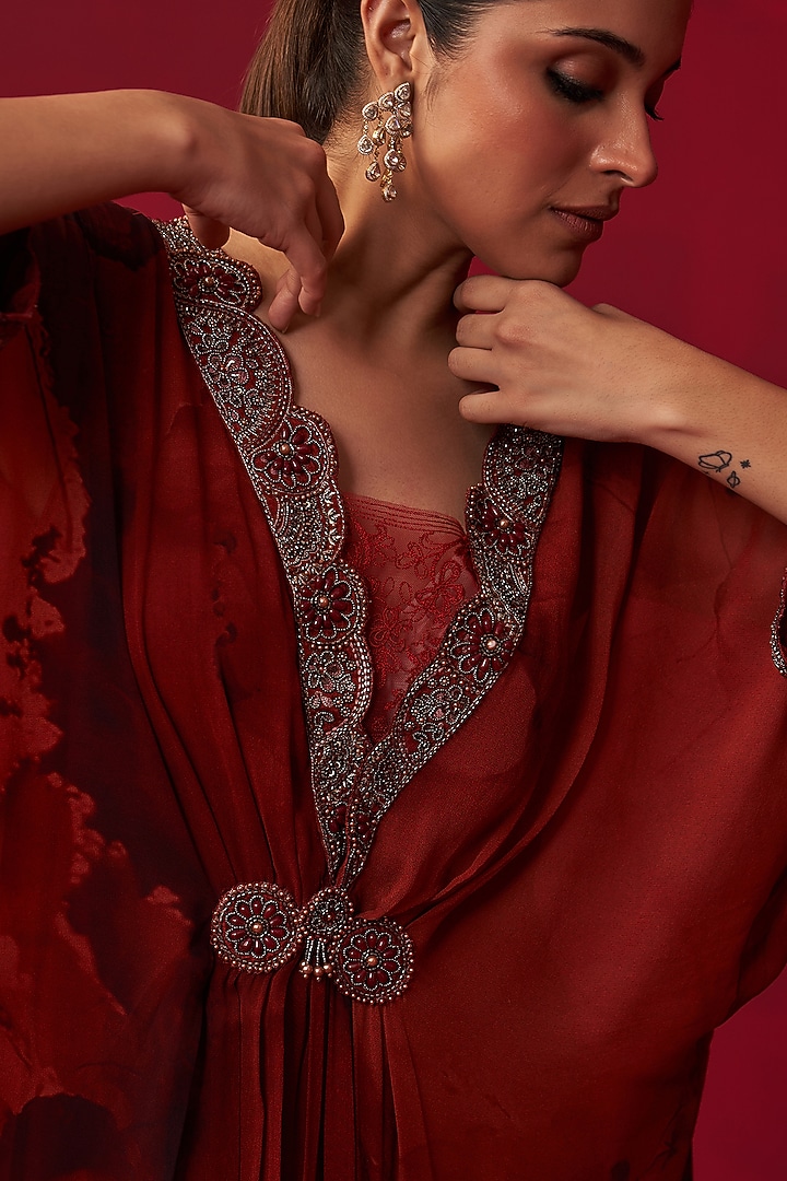 Red Georgette Marble Printed Kaftan by Adaara Couture at Pernia's Pop Up Shop