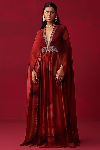 Red Georgette Marble Printed Kaftan by Adaara Couture