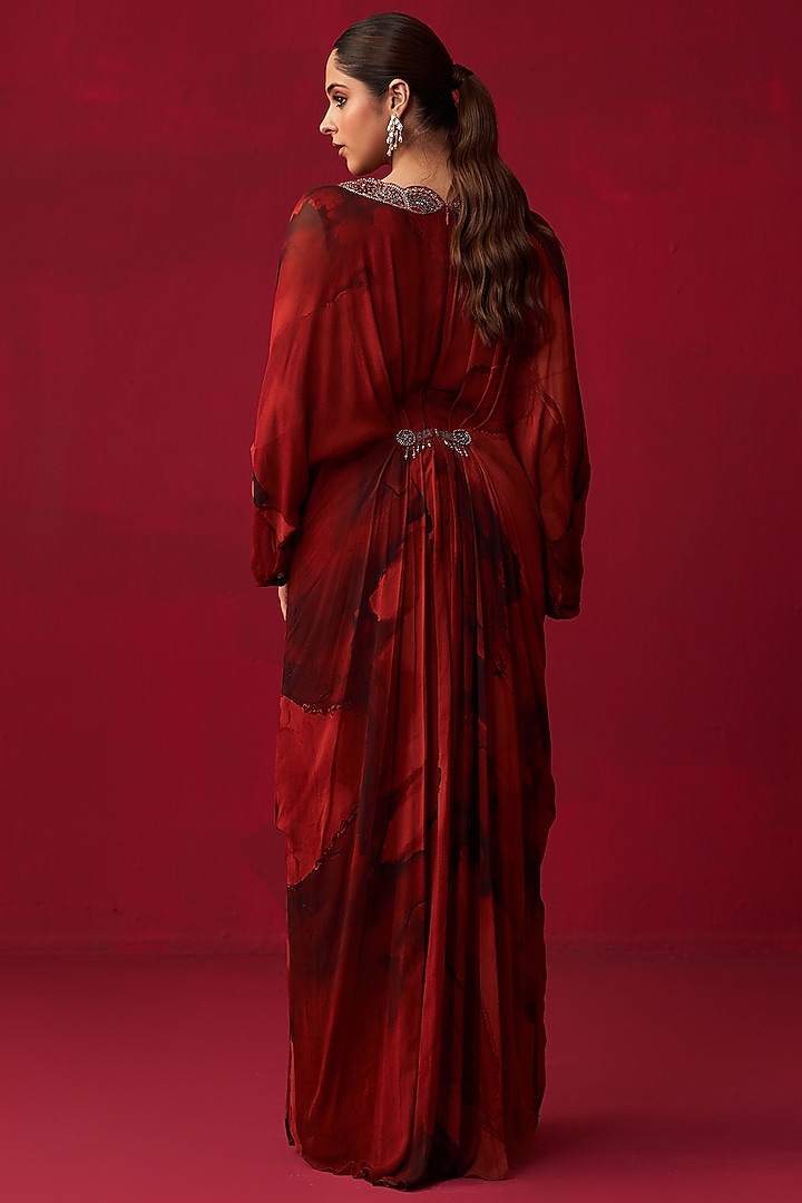 Red Georgette Marble Printed Kaftan by Adaara Couture at Pernia's Pop Up Shop
