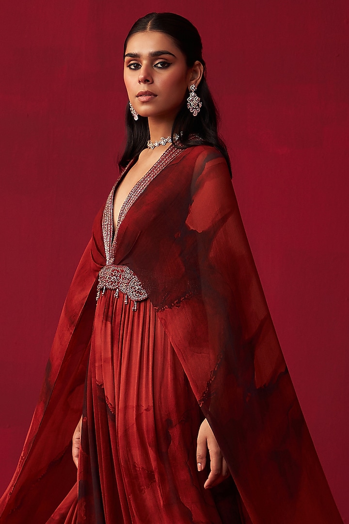Red Georgette Marble Printed Kaftan by Adaara Couture at Pernia's Pop Up Shop