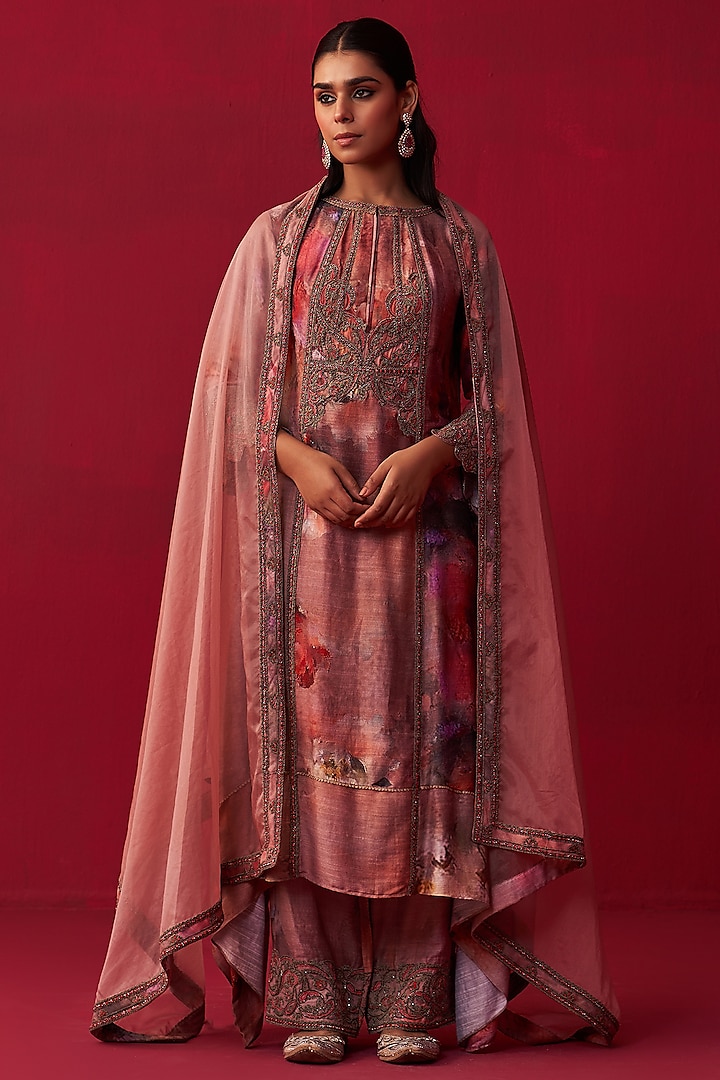 Pink Cotton Silk Floral Printed & Embroidered Kurta Set by Adaara Couture