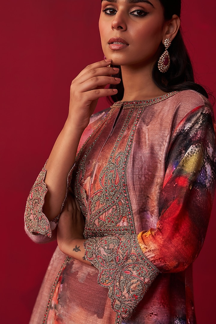 Pink Cotton Silk Floral Printed & Embroidered Kurta Set by Adaara Couture at Pernia's Pop Up Shop
