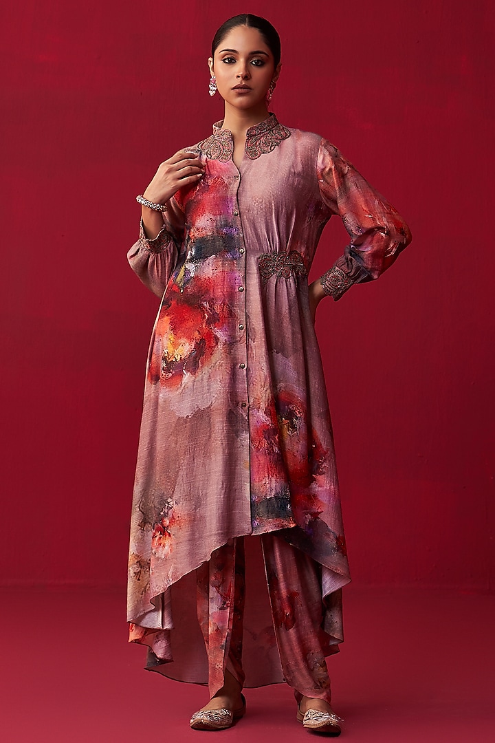 Pink Cotton Silk Floral Printed & Embroidered Tunic Set by Adaara Couture