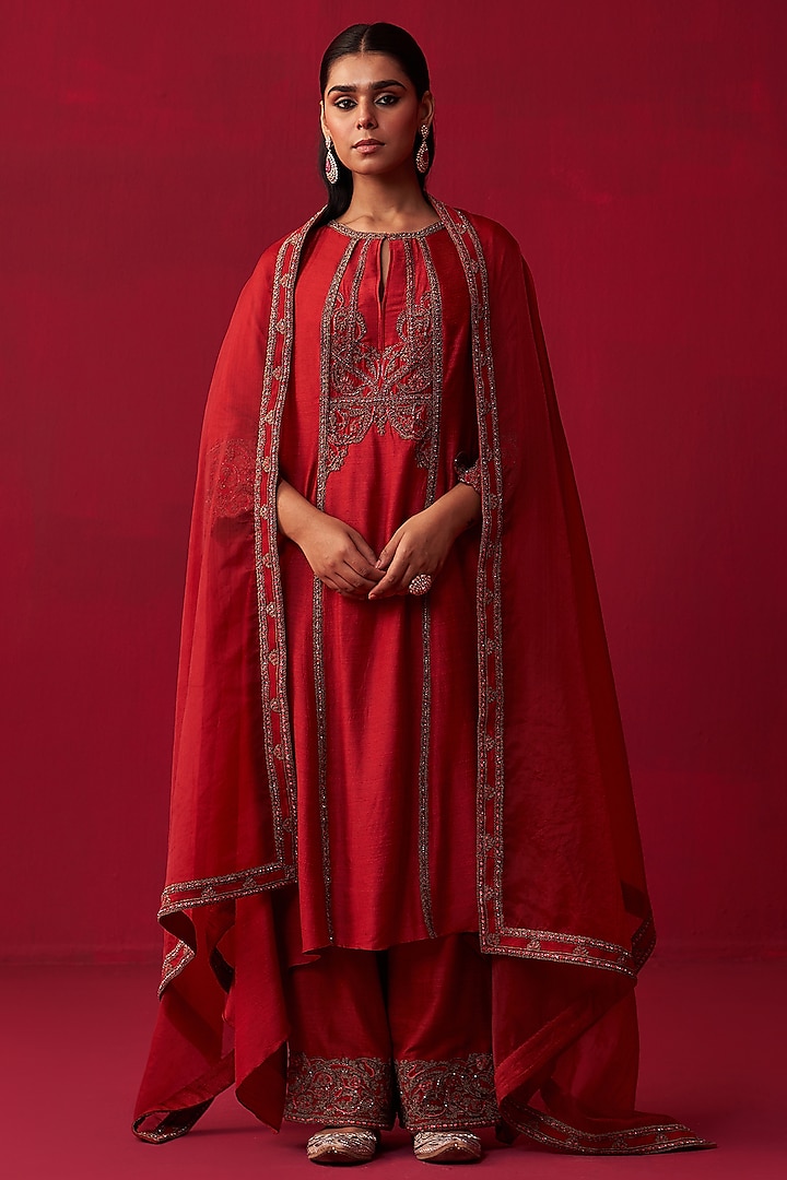Red Cotton Silk Embroidered Kurta Set by Adaara Couture