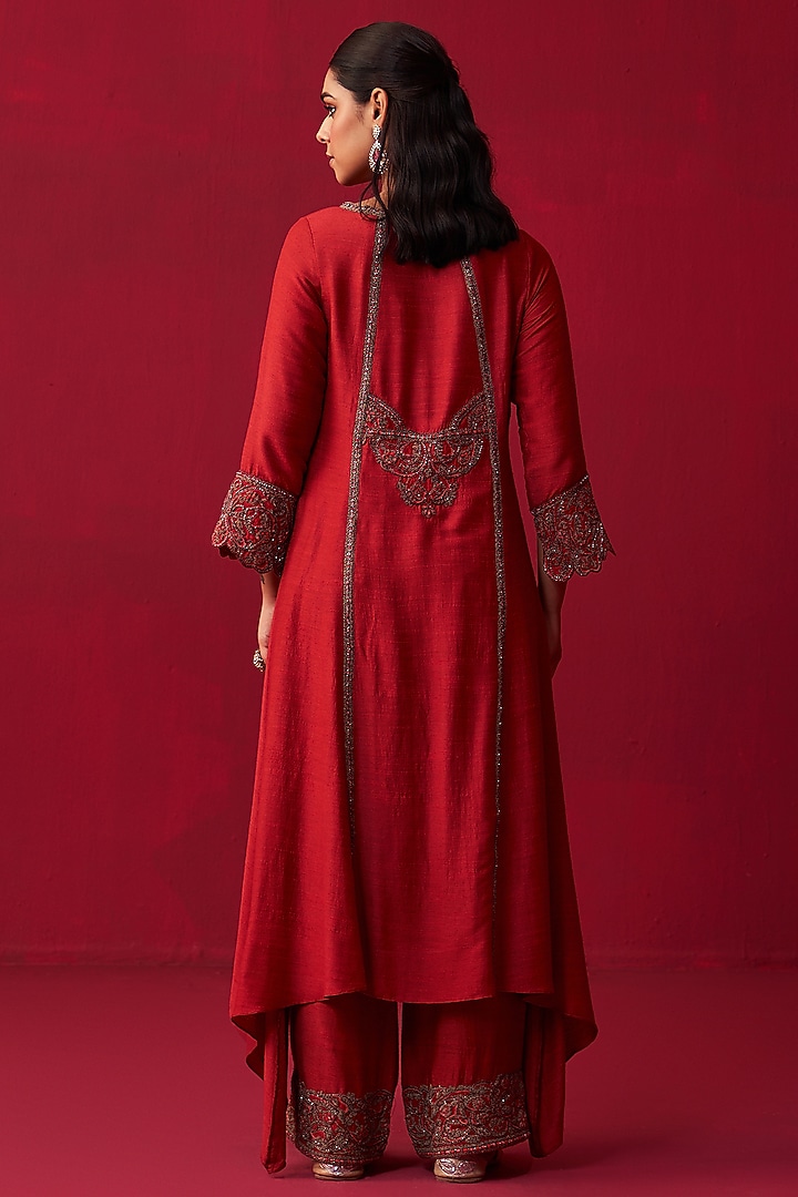 Red Cotton Silk Embroidered Kurta Set by Adaara Couture at Pernia's Pop Up Shop