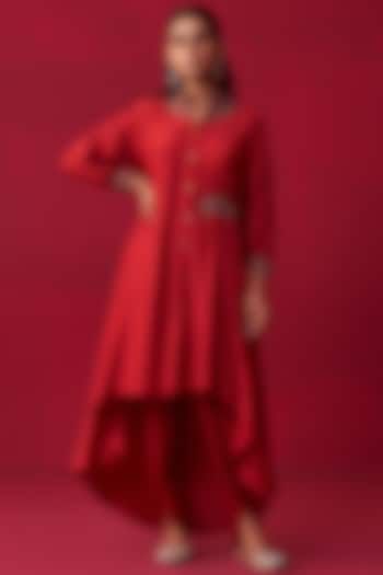 Red Cotton Silk Embroidered Tunic Set by Adaara Couture