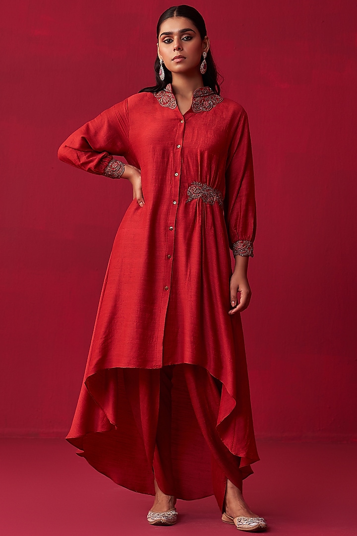 Red Cotton Silk Embroidered Tunic Set by Adaara Couture