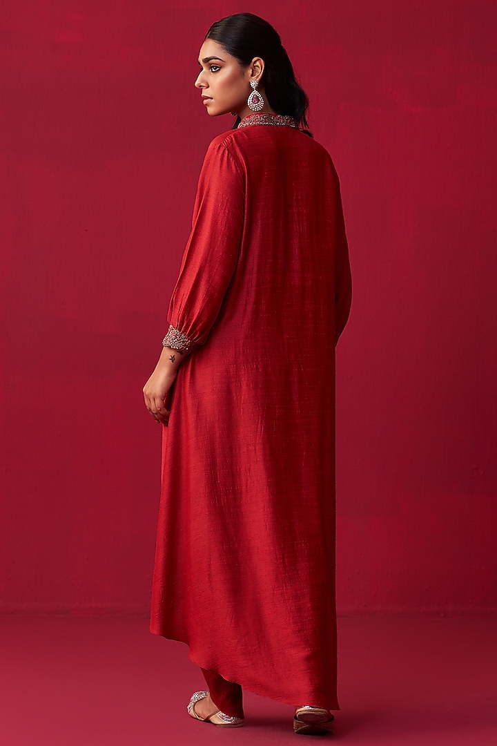 Red Cotton Silk Embroidered Tunic Set by Adaara Couture at Pernia's Pop Up Shop