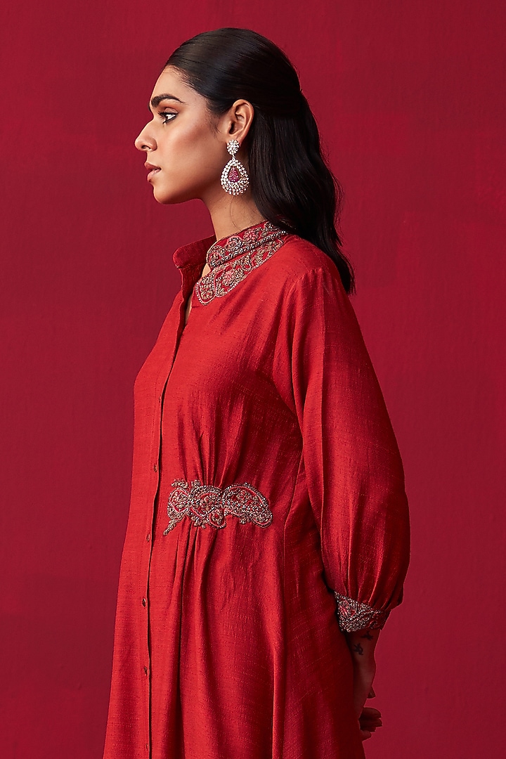 Red Cotton Silk Embroidered Tunic Set by Adaara Couture at Pernia's Pop Up Shop