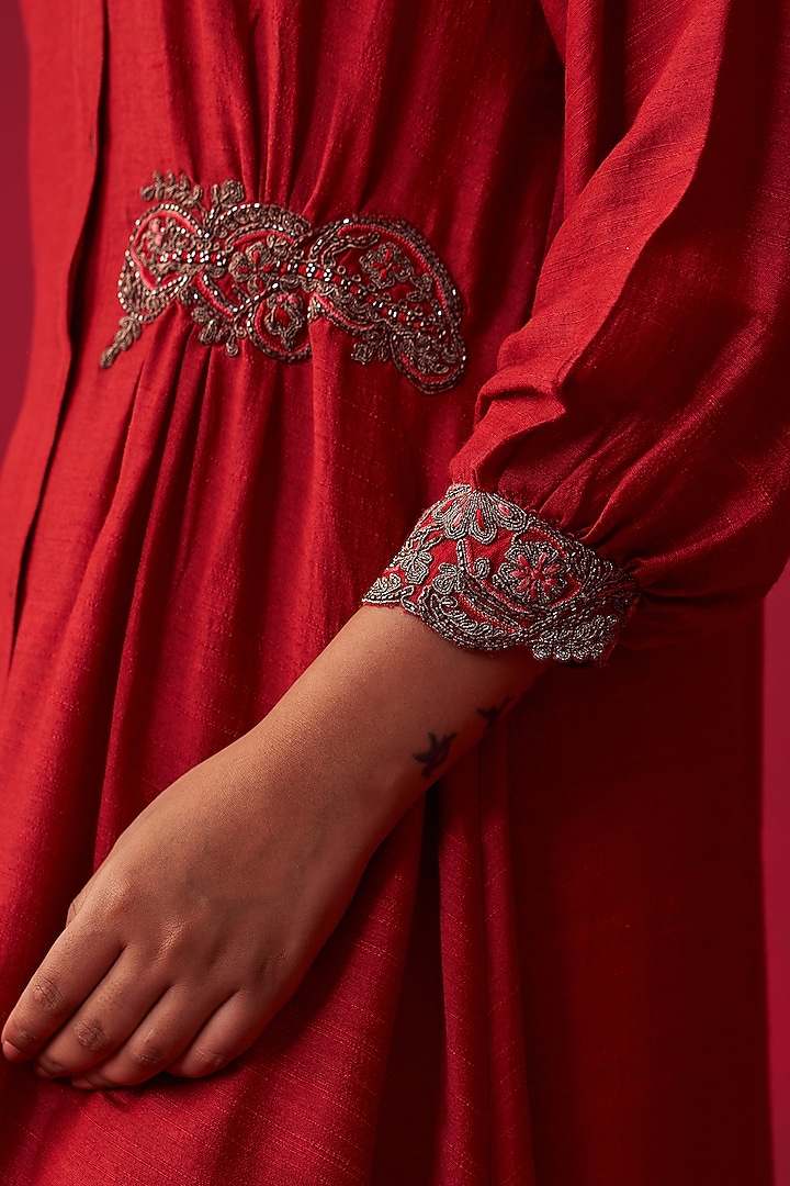Red Cotton Silk Embroidered Tunic Set by Adaara Couture at Pernia's Pop Up Shop