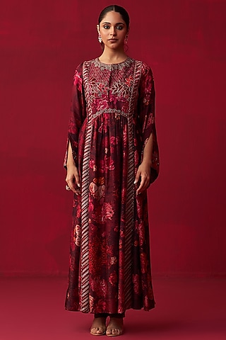 Pink Russian Silk Floral Printed Kurta Set by Adaara Couture