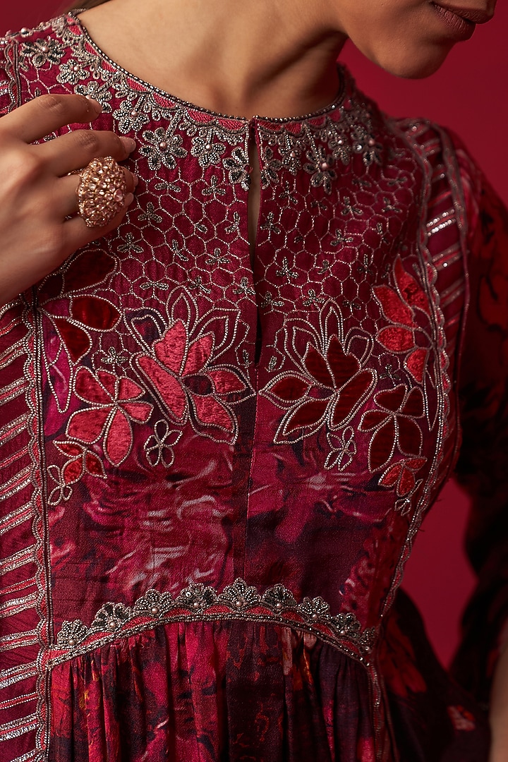 Pink Russian Silk Floral Printed Kurta Set by Adaara Couture at Pernia's Pop Up Shop