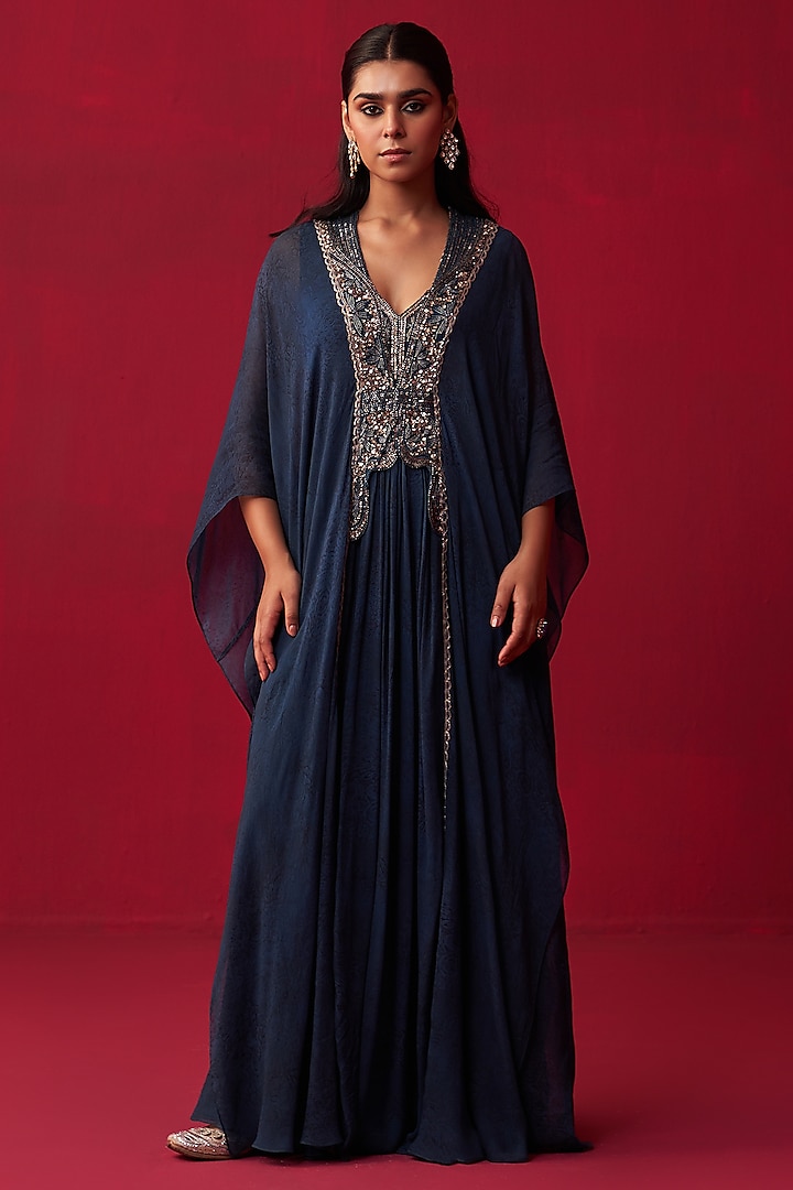 Blue Georgette Printed & Embroidered Kaftan by Adaara Couture