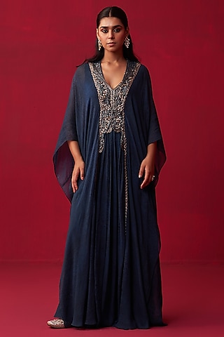 Blue Georgette Printed & Embroidered Kaftan by Adaara Couture