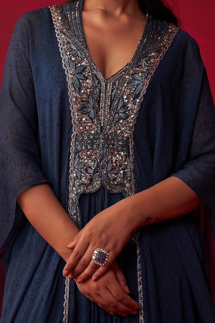 Blue Georgette Printed & Embroidered Kaftan by Adaara Couture at Pernia's Pop Up Shop