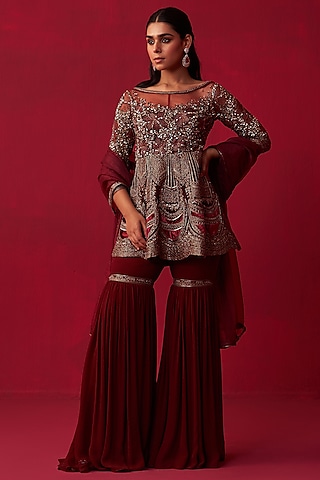 Maroon Georgette Sharara Set by Adaara Couture