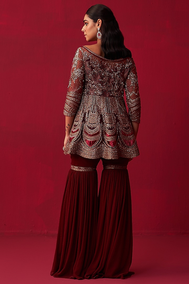 Maroon Georgette Wedding Sharara Set by Adaara Couture at Pernia's Pop Up Shop