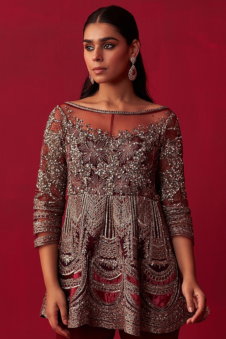 Maroon Georgette Wedding Sharara Set by Adaara Couture at Pernia's Pop Up Shop