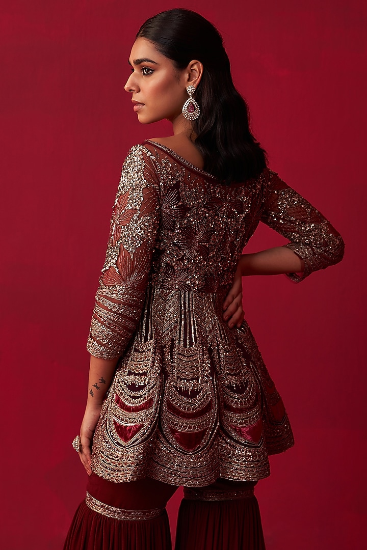 Maroon Georgette Wedding Sharara Set by Adaara Couture at Pernia's Pop Up Shop