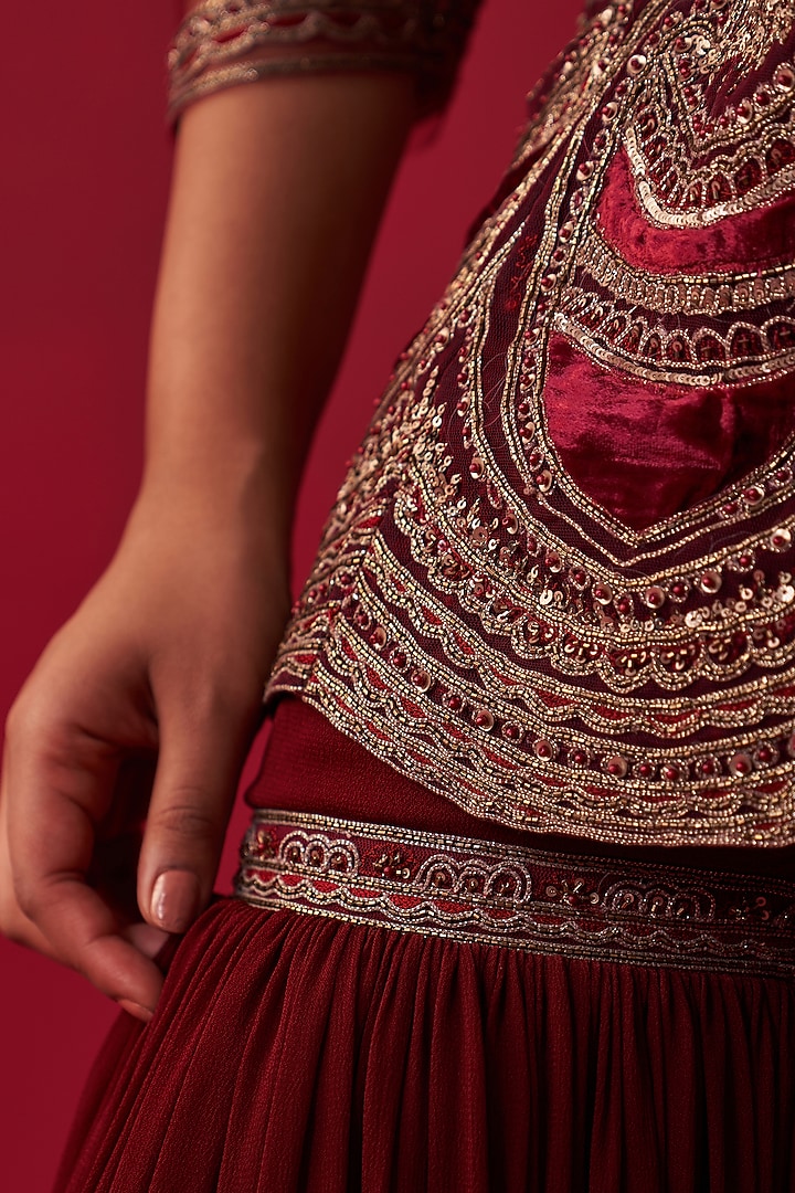 Maroon Georgette Wedding Sharara Set by Adaara Couture at Pernia's Pop Up Shop