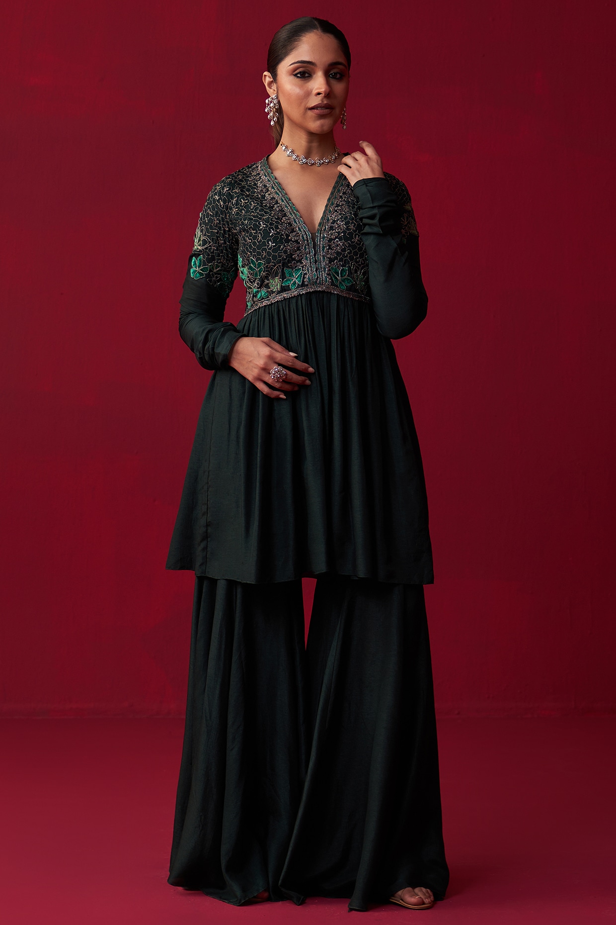 Tussar Silk Sequins Thread and Zari Embroidered Short Kurti with Georg –  Meena Bazaar