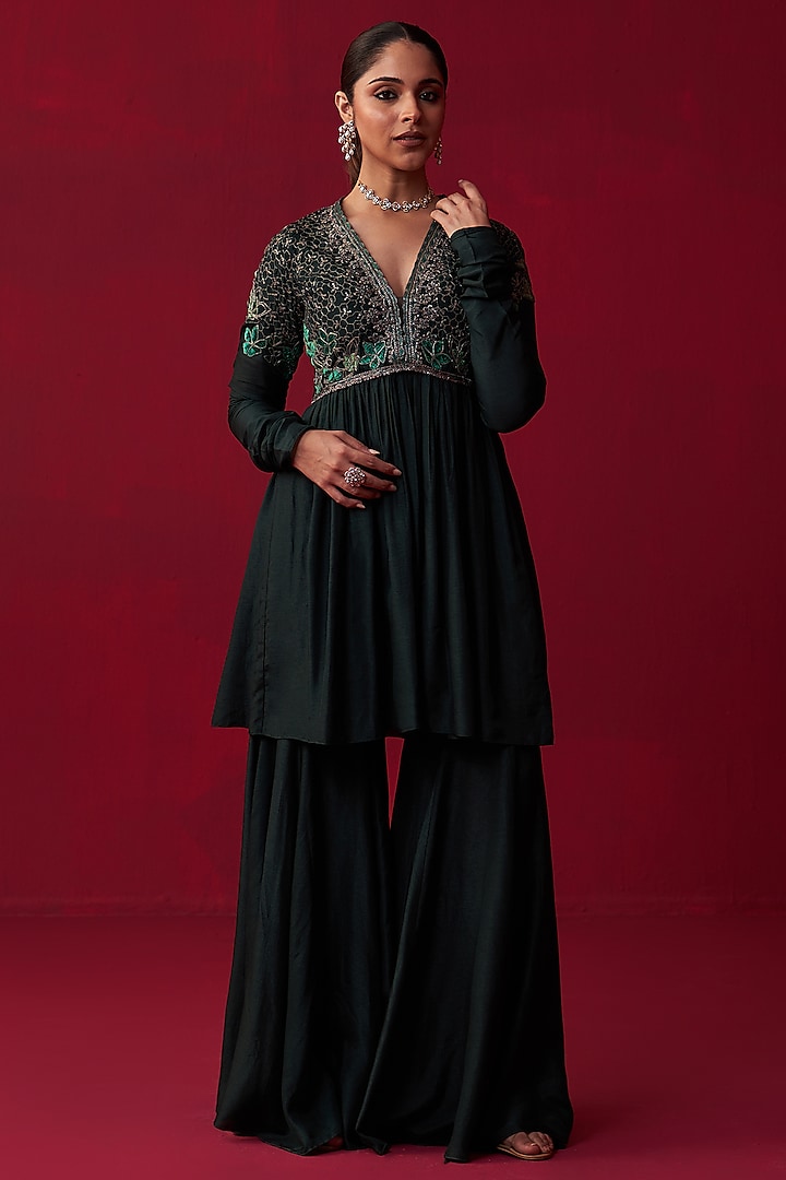Green Russian Silk Sharara Set by Adaara Couture