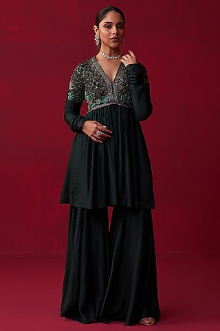Green Russian Silk Sharara Set by Adaara Couture