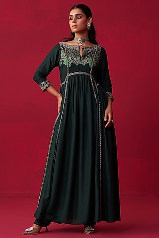 Green Russian Silk Embroidered Kurta Set by Adaara Couture