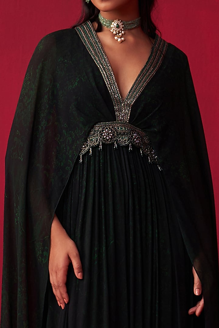 Green Georgette Printed & Embroidered Kaftan by Adaara Couture at Pernia's Pop Up Shop
