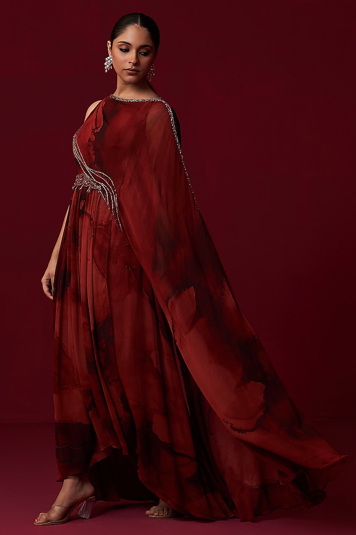 Red Georgette Printed Draped Kaftan by Adaara Couture