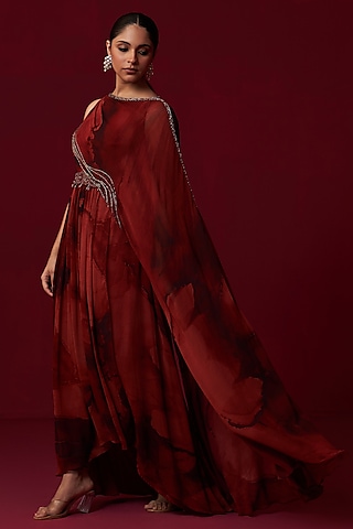 Red Georgette Printed Draped Kaftan by Adaara Couture