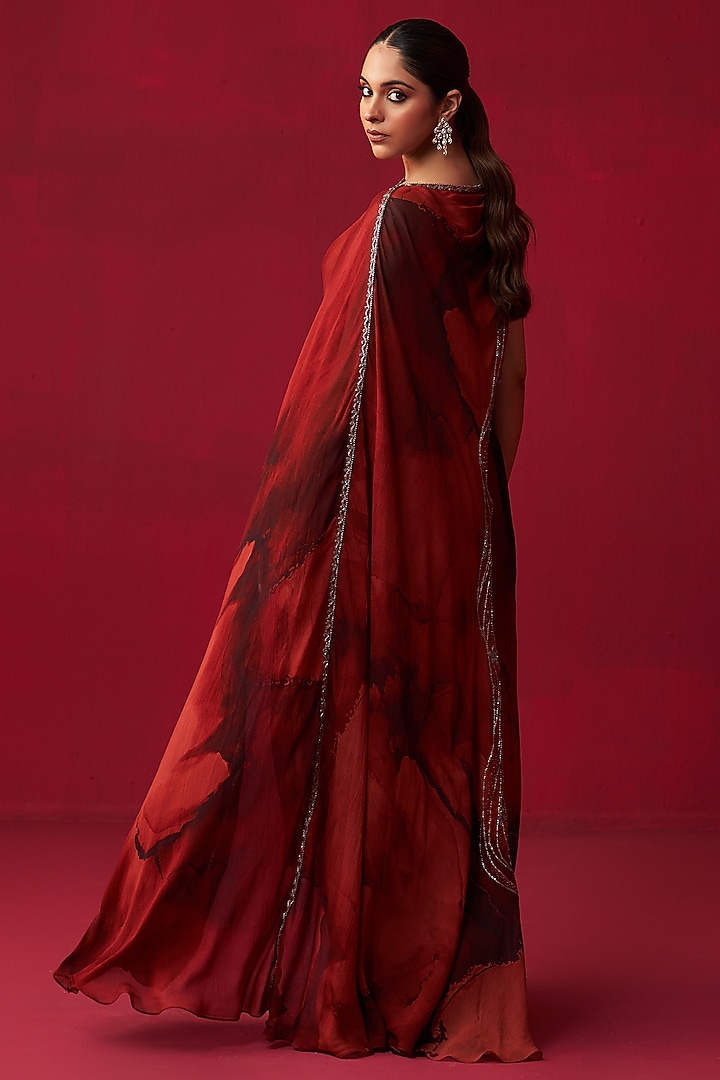 Red Georgette Printed Draped Kaftan by Adaara Couture at Pernia's Pop Up Shop