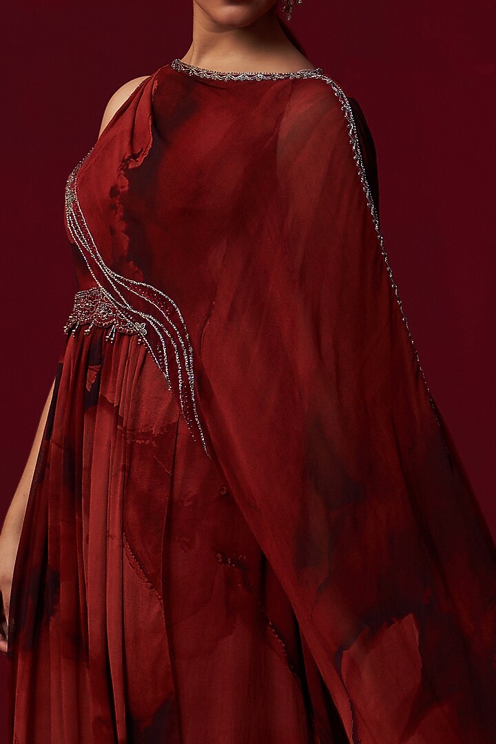 Red Georgette Printed Draped Kaftan by Adaara Couture at Pernia's Pop Up Shop